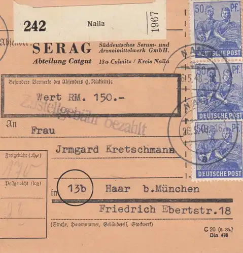 Carte de paquet 1948: Culmitz Naila par cheveux, auto-réservation, carte de valeur