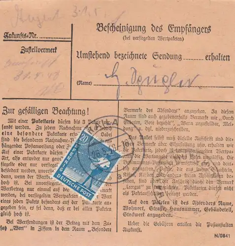 Paketkarte 1948: Culmitz Naila nach Haar, Selbstbucher, Wertkarte