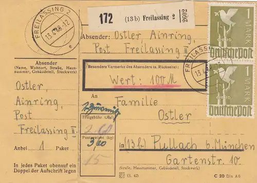 Carte de paquet 1948: Ainring vers Pullach, carte de valeur