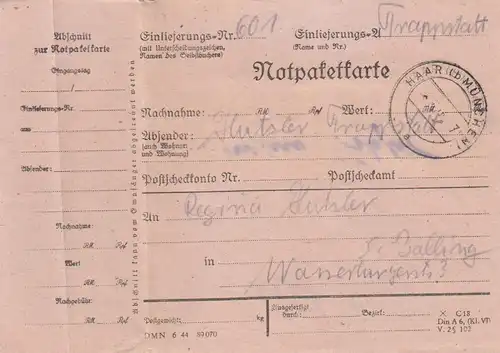 Paketkarte 1948: Trappstadt n. München, Wertkarte, mit Notpaketkarte