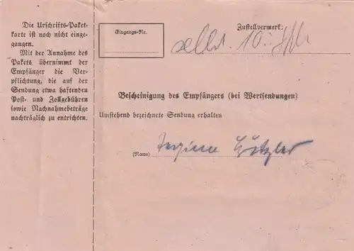 Carte de paquet 1948: Trappstadt n. Munich, carte de valeur, avec carte d'urgence
