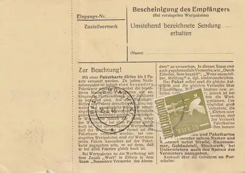 Carte de paquet 1948: Plech par cheveux, carte de valeur, avec carte d'urgence