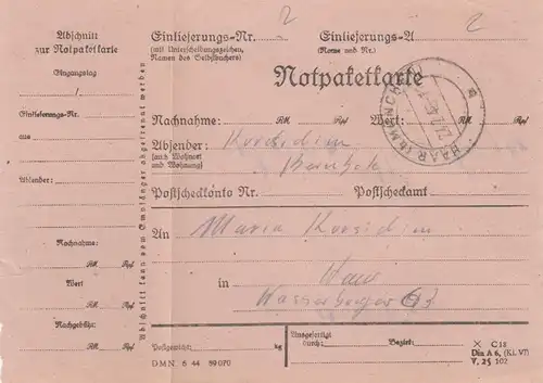 Carte de paquet 1948: Plech par cheveux, carte de valeur, avec carte d'urgence