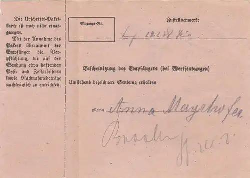 Carte de paquet 1948: Plech par cheveux, carte de valeur, avec carte d'urgence