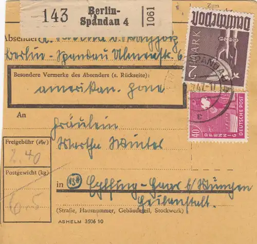 Paketkarte 1948: Berlin-Spandau nach Eglfing