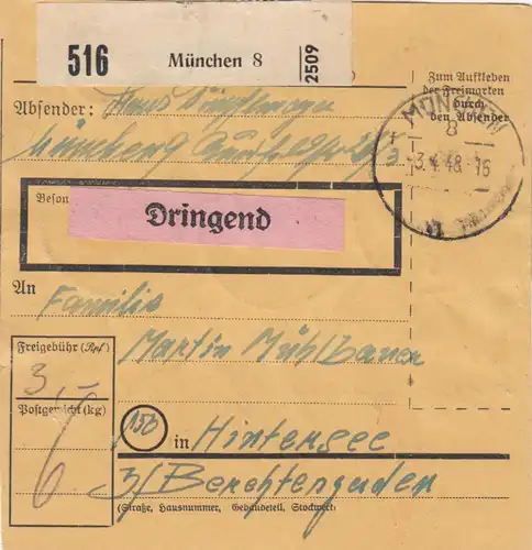 Carte forfait 1948: Munich vers Hintersee, Urgent