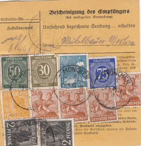 Paketkarte 1948: München nach Hintersee, Dringend