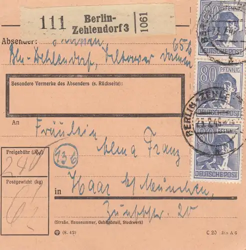 Carte de paquet 1948: Berlin-Zehlendorf après Haar