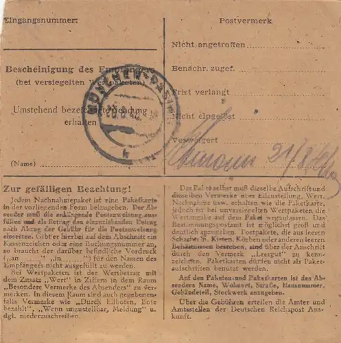 BiZone Paketkarte 1948: Hamburg nach Gräfeling, Wertkarte, Nachnahme