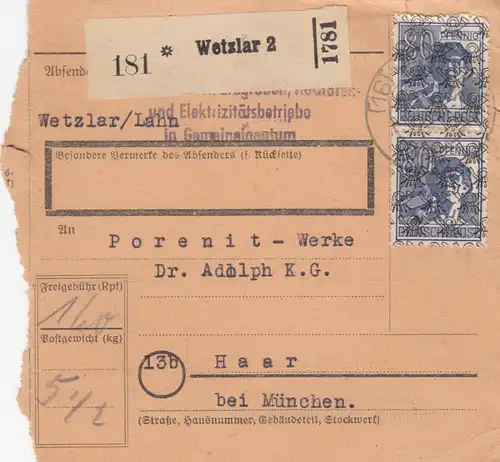 BiZone Paketkarte 1948: Wetzlar Lahn nach Haar
