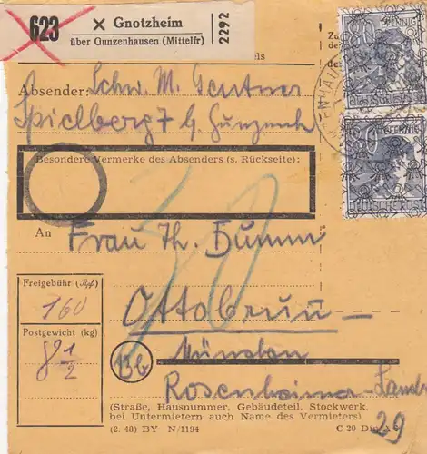 Carte de paquet BiZone: Gnotzheim vers Ottobrunn, frais supplémentaires