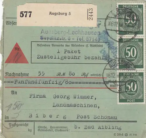 Carte de paquet 1946: Augsbourg vers Biberg, remise, formulaire spécial