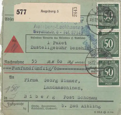 Paketkarte 1946: Augsburg nach Biberg, Nachnahme, besonderes Formular