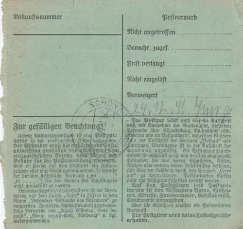 Carte de paquet 1946: Augsbourg vers Biberg, remise, formulaire spécial