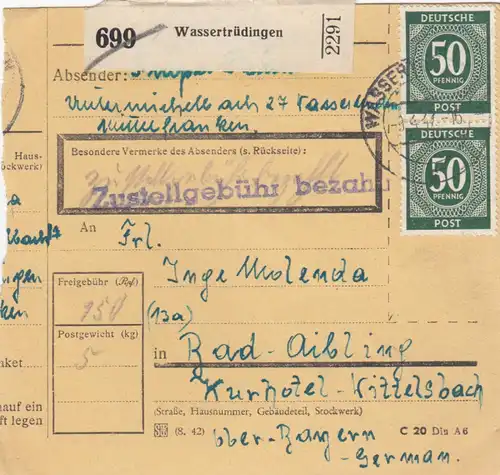 Paketkarte 1947: Wassertrüdingen nach Bad Aibling, Kurhotel