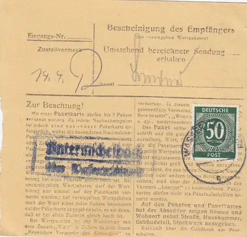 Paketkarte 1947: Wassertrüdingen nach Bad Aibling, Kurhotel