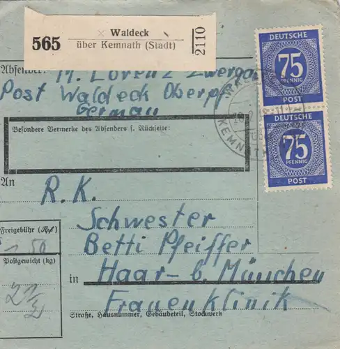 Paketkarte 1948: Waldeck über Kemnath nach Haar, besonderes Formular