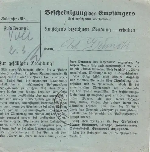 Carte de paquet 1948: Waldeck sur Kemnath après cheveux, formulaire spécial