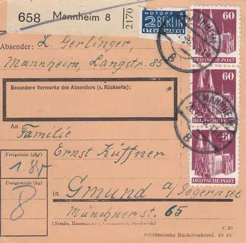Carte de paquet BiZone 1948: Mannheim à Gmund am Tegernsee, Victimes d'urgence