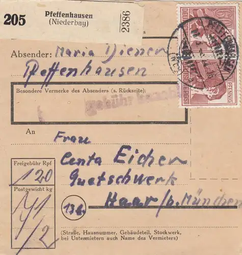 Carte de paquet 1948: Pfeffenhausen vers Haar bei Munich
