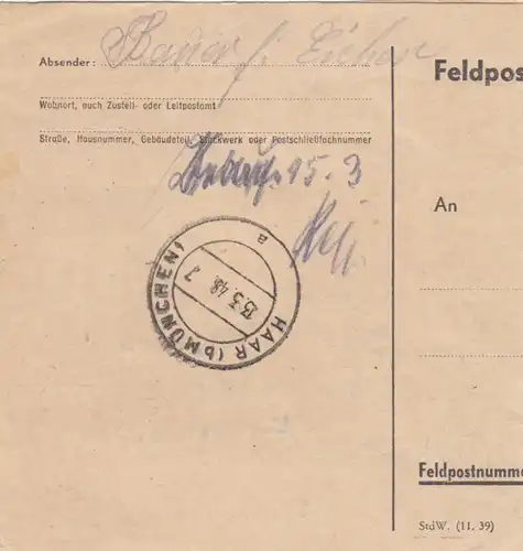 Paketkarte 1948: Pfeffenhausen nach Haar bei München