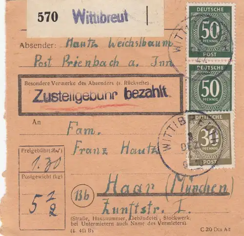 Paketkarte 1947: Prienbach Wittibreut nach Haar