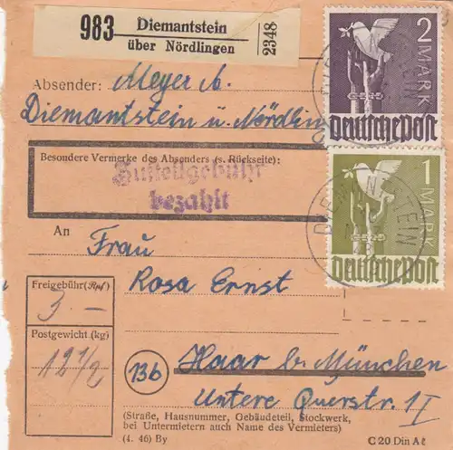 Paketkarte 1948: Diemantstein nach Haar