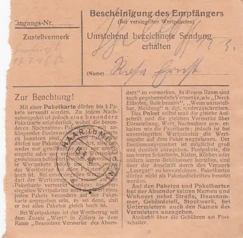 Paketkarte 1948: Diemantstein nach Haar