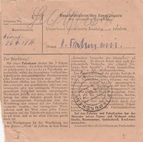 Carte de paquet 1948: Glückstadt Auto-booker -Lushorn- après Haar près de Munich