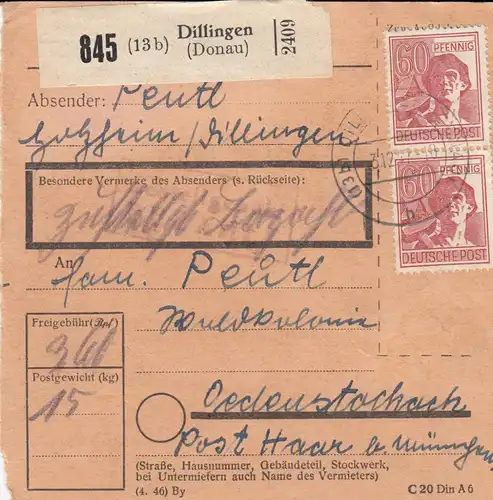 Carte de paquet 1947: Holzheim Dillingen d'après Ödenstockach