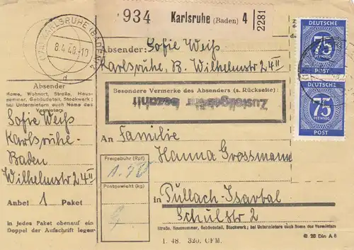 Paketkarte 1948: Karlsruhe nach Pullach Isartal