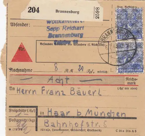 BiZone Paketkarte 1948: Brannenburg nach Haar b. München, Nachnahme