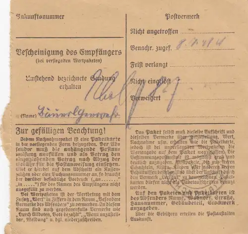 Carte de paquet BiZone 1948: Brannienburg après Haar b. Munich, rachat