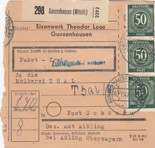 Carte de paquet 1947: Gunzenhausen vers Milch Mittel Thal Schönau, Auto-bookeur
