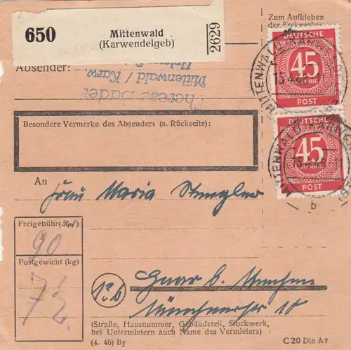 Paketkarte 1948: Mittenwald nach Haar