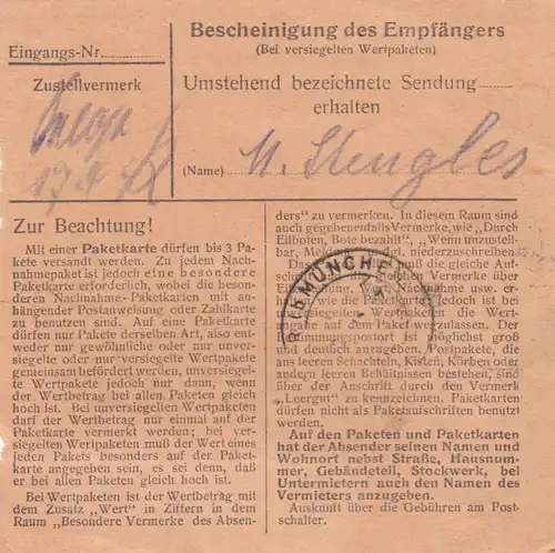 Paketkarte 1948: Mittenwald nach Haar