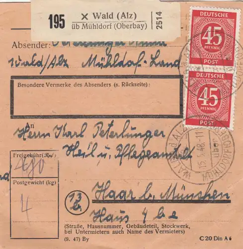 Carte de paquet 1948: Forêt Alz sur Mühldorf après Haar