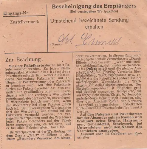 Carte de paquet 1948: Forêt Alz sur Mühldorf après Haar