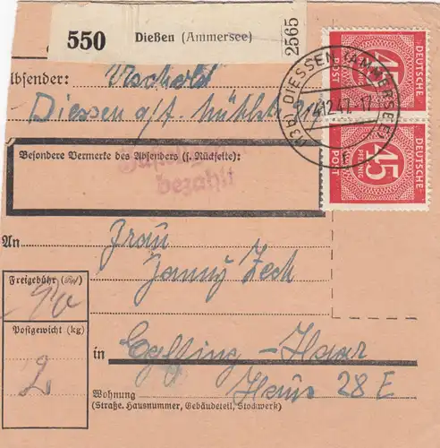 Carte de paquet 1947: Diesen a Eglfing Haar