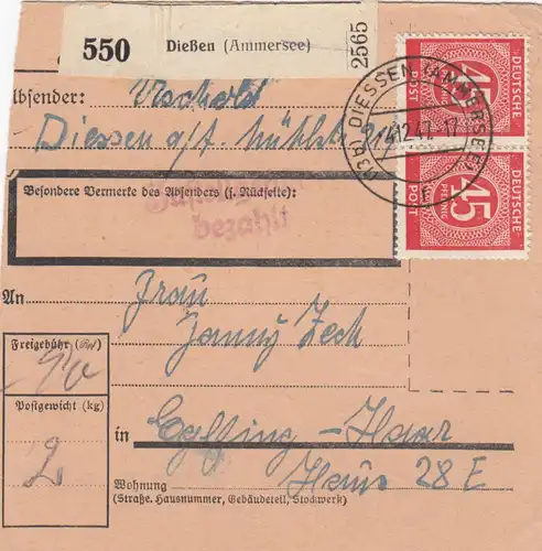 Paketkarte 1947: Dießen nach Eglfing Haar