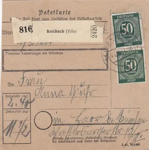 Carte de paquet 1947: Reisbach par cheveux, formulaire d'urgence lettres de poste