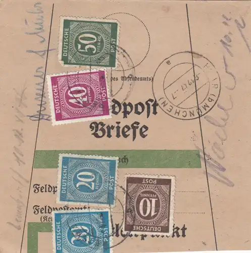 Paketkarte 1947: Reisbach nach Haar, Notformular Feldpostbriefe