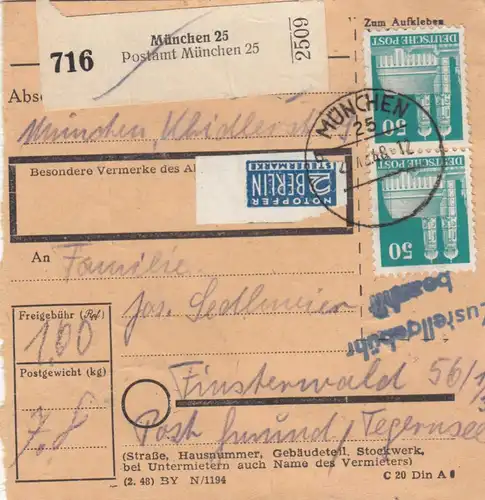 BiZone Paketkarte 1948: München 25 nach Finsterwald, Notopfer