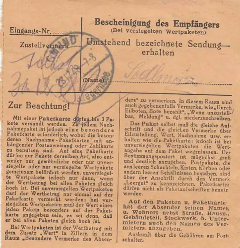 BiZone Paketkarte 1948: München 25 nach Finsterwald, Notopfer