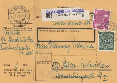 Paketkarte 1948: Landshut nach Haar, mit Doppel-Notpaketkarte