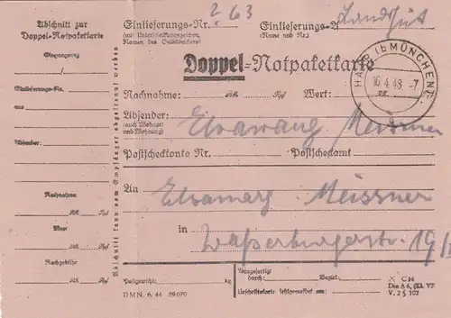 Carte de paquet 1948: Landshut après cheveux, avec carte de package double