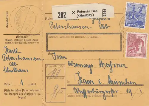 Paketkarte 1948: Petershausen nach Haar, mit Doppel-Notpaketkarte