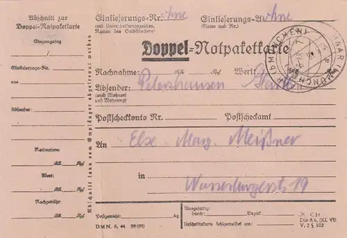 Carte de paquet 1948: Petershausen par cheveux, avec carte de secours double