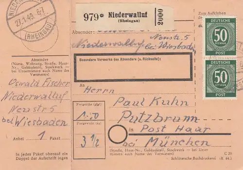 Carte de paquet 1948: Basse-Walluf vers Putzbrunn, avec carte de colis d'urgence