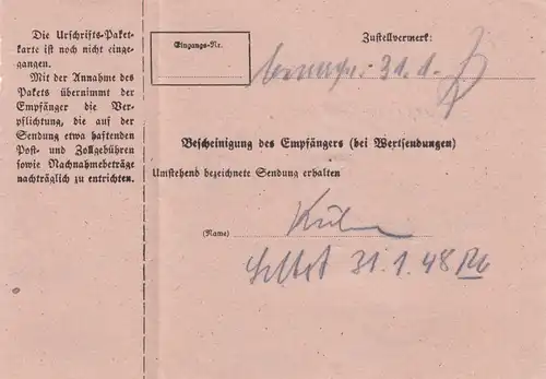 Carte de paquet 1948: Basse-Walluf vers Putzbrunn, avec carte de colis d'urgence